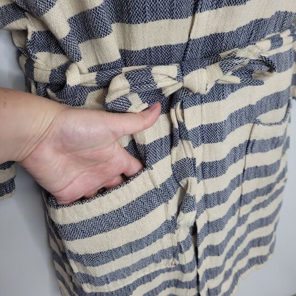 Striped robe‎ ivory and blue woven hooded cardigan with tie belt and pockets L - Picture 3 of 6